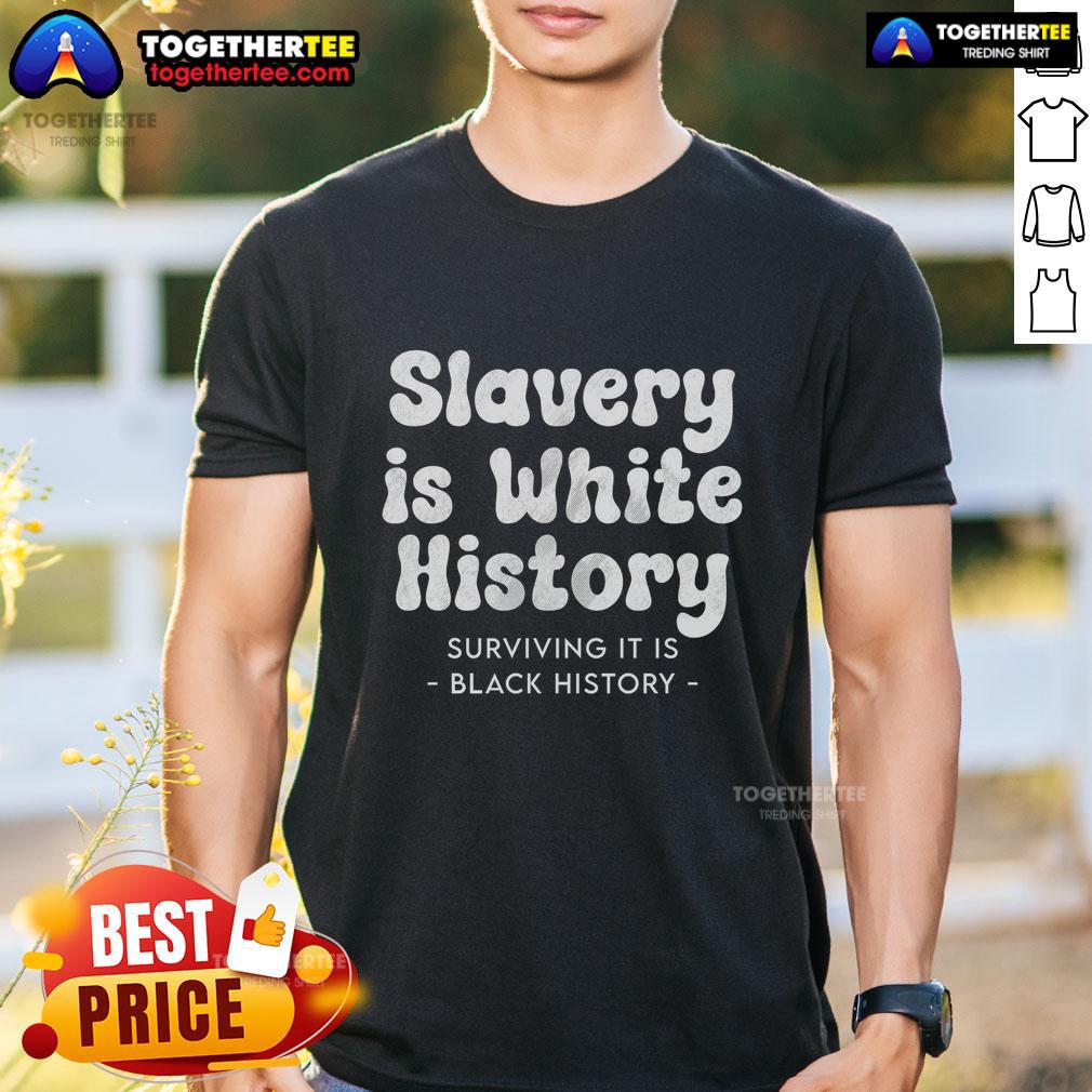 Official Slavery Is White History Surviving It Is Black History T Shirt Official Slavery Is White History Surviving It Is Black History T-Shirt design featuring bold text on a black background.