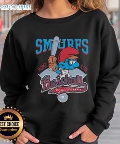 Official Smurf Baseball Home Run Since 1958 sweatshirt featuring vibrant blue design and playful Smurf graphics.
