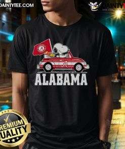Alt Text: Official Snoopy and Woodstock driving a car on Alabama Crimson Tide T-Shirt, perfect for fans and collectors.