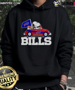 Alt Text: Official Snoopy and Woodstock driving a car on Buffalo Bills hoodie, perfect for fans and cozy game-day wear.