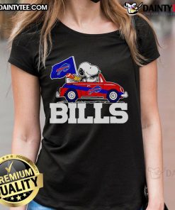 Official Snoopy and Woodstock driving a car on Buffalo Bills ladies tee, perfect for fans and casual wear.