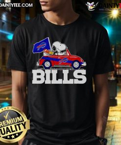 Official Snoopy and Woodstock driving a car on a Buffalo Bills T-shirt, perfect for fans and collectors.
