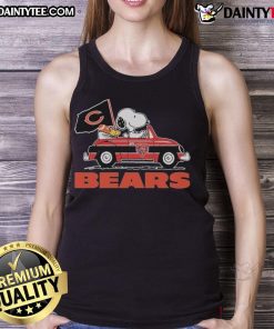 Snoopy and Woodstock driving a car on a Chicago Bears tank top, showcasing fun team spirit and cartoon charm.