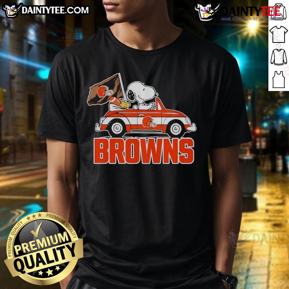 Official Snoopy And Woodstock Driving Car Cleveland Browns T Shirt Official Snoopy and Woodstock driving a car on Cleveland Browns T-Shirt, perfect for fans and collectors.