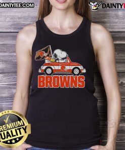 Official Snoopy and Woodstock driving a car on a Cleveland Browns tank top, perfect for fans and casual wear.