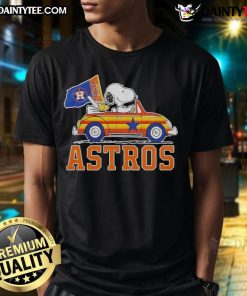 Official Snoopy and Woodstock driving car Houston Astros T-Shirt, featuring vibrant graphics and team colors for fans.