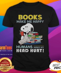 Official Snoopy Book Makes Me Happy T-Shirt featuring colorful Snoopy graphic, perfect for Peanuts fans and casual wear.