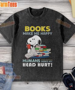 Official Snoopy Book Makes Me Happy washed t-shirt featuring a cheerful Snoopy graphic on a soft, casual fabric.