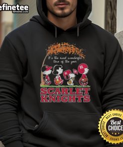 Alt Text: Official Snoopy Peanuts Rutgers Scarlet Knights hoodie featuring It's The Most Wonderful Time Of The Year design.