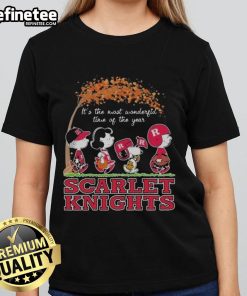 Official Snoopy Peanuts Rutgers Scarlet Knights ladies tee celebrating the most wonderful time of the year.