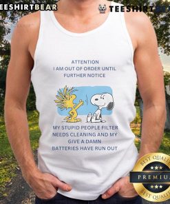 Official Snoopy Woodstock tank top with 'I Am Out Of Order Until Further Notice' text design, perfect for casual wear.