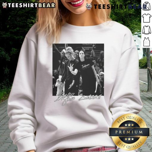 Official Sophie Cunningham x Caitlin Clark Indiana Fever WNBA sweatshirt featuring vibrant team colors and logos.