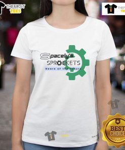 Futuristic retro ladies tee featuring Spacelys Sprockets logo, perfect for stylish fans of vintage sci-fi apparel.