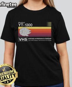 Official Star Wars modified YT-1300 VHS vintage hyperdrive starship ladies tee featuring iconic design and graphics.