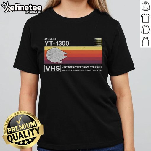 Official Star Wars modified YT-1300 VHS vintage hyperdrive starship ladies tee featuring iconic design and graphics.