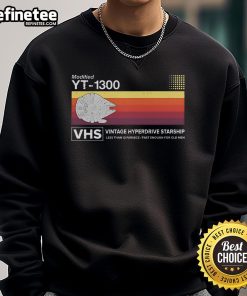 Vintage YT-1300 VHS sweatshirt featuring a modified Star Wars hyperdrive starship design, perfect for fans.