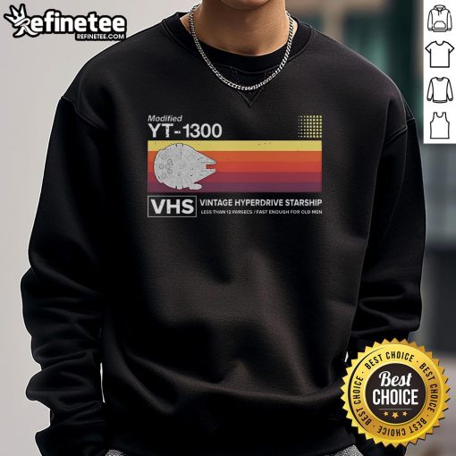 Vintage YT-1300 VHS sweatshirt featuring a modified Star Wars hyperdrive starship design, perfect for fans.