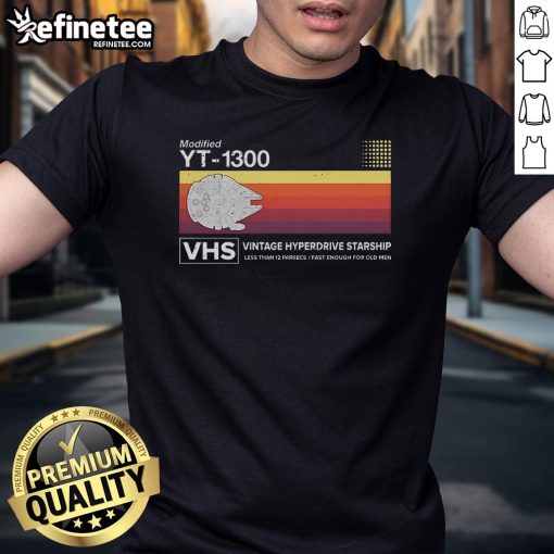 Official Star Wars Modified Yt-1300 VHS vintage hyperdrive starship t-shirt featuring iconic design and retro style.