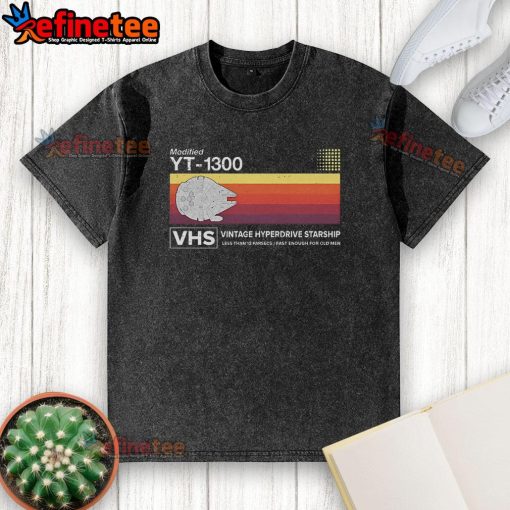 Official Star Wars Modified YT-1300 VHS Vintage Hyperdrive Starship Washed T-Shirt featuring iconic design and soft fabric.