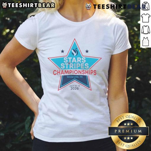 Official Stars & Stripes Championships Ladies Tee from Sevierville, TN, July 10-12, 2025, showcasing event branding.