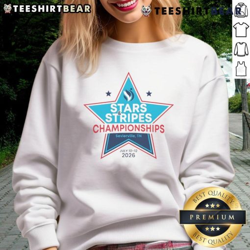Official Stars Stripes Championships sweatshirt from Sevierville, TN, July 10-12, 2025, featuring vibrant design and event logo.