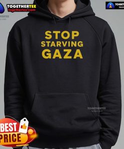 Official Stop Starving Gaza Hoodie showcasing a bold message for humanitarian support and awareness.
