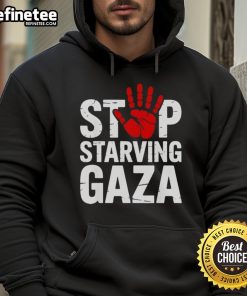 Alt Text: Official Stop Starving Gaza Save Children hoodie with bold text, promoting awareness for children's rights in Gaza.