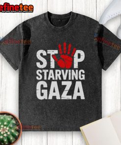 Official Stop Starving Gaza Save Children hand-washed T-shirt promoting awareness and support for Gaza's children.