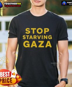 Official Stop Starving Gaza T-Shirt featuring bold text and a striking design advocating for Gaza humanitarian support.