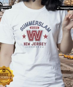 Alt Text: Official SummerSlam 2025 New Jersey ladies tee featuring vibrant design, perfect for wrestling fans and collectors.