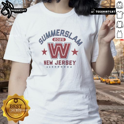 Alt Text: Official SummerSlam 2025 New Jersey ladies tee featuring vibrant design, perfect for wrestling fans and collectors.