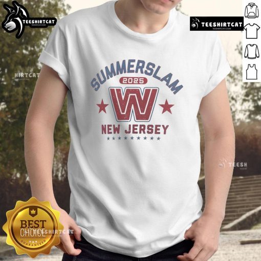Alt Text: Official Summerslam 2025 New Jersey T-Shirt featuring bold graphics and event logo, perfect for fans and collectors.