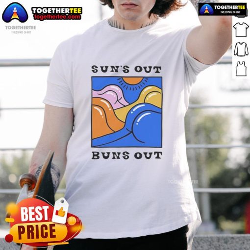 Official Suns Out Buns Out T-Shirt featuring a vibrant summer design perfect for sunny days and casual outings.