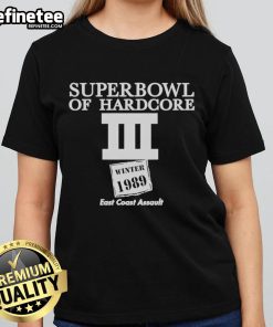 Official Superbowl of Hardcore III Winter 1989 Ladies Tee featuring bold graphics and vibrant colors, perfect for fans.