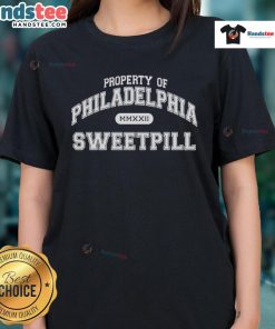Official Sweet Pill Property of Philadelphia Philly Ladies Tee showcasing stylish design and vibrant colors for women.