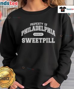 Official Sweet Pill Property of Philadelphia Philly sweatshirt in navy blue, showcasing a stylish urban design.