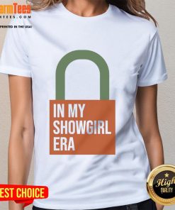 Official Taylor In My Showgirl Era orange lock ladies tee featuring vibrant design and stylish fit for fans.