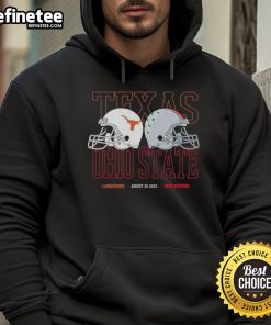 Alt Text: Official Texas Longhorns vs Ohio State Buckeyes helmets featured on a hoodie, August 30, 2025, sports apparel.