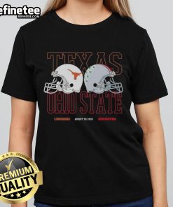 Texas Longhorns and Ohio State Buckeyes helmets on ladies tee, August 30, 2025, showcasing team spirit and style.
