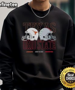 Texas Longhorns vs Ohio State Buckeyes helmets featured on August 30, 2025 sweatshirt, showcasing team spirit.