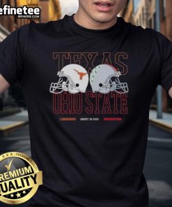 Official Texas Longhorns vs Ohio State Buckeyes helmets on August 30, 2025 T-shirt showcasing college football rivalry.