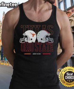 Alt Text: Official Texas Longhorns vs Ohio State Buckeyes helmets featured on a tank top, August 30, 2025 game memorabilia.