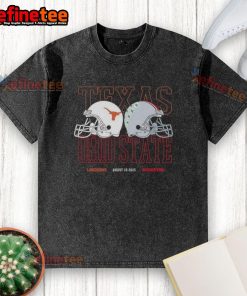 Alt Text: Official Texas Longhorns vs Ohio State Buckeyes helmets on a washed t-shirt, August 30, 2025, college football apparel.