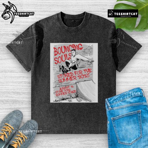 Official The Bouncing Souls August 16, 2025 Stone Pony Summer Stage poster on a washed t-shirt, featuring vibrant graphics.