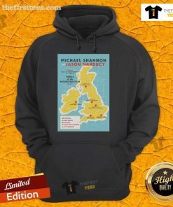 Alt Text: Official Michael Shannon Jason Narducy 2025 UK Tour Poster Hoodie featuring vibrant graphics and tour details.