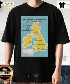 Alt Text: Official The Michael Shannon Jason Narducy 2025 UK Tour Poster T-Shirt featuring vibrant graphics and tour details.