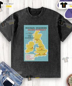 Official Michael Shannon Jason Narducy 2025 UK Tour poster on a washed t-shirt showcasing vibrant tour graphics.