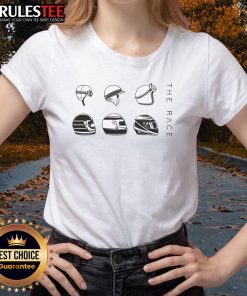 Official The Race Helmet Evolution Ladies Tee featuring a stylish design for racing enthusiasts and fashion lovers.