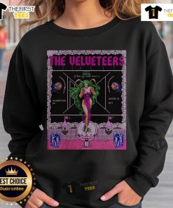 Official The Velveteers Tour Washington August 12, 2025 poster on a stylish sweatshirt showcasing the band's logo.
