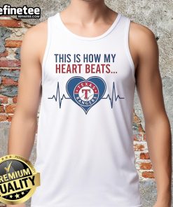 Alt Text: Official Texas Rangers tank top featuring 'This Is How My Heart Beats' design, perfect for baseball fans.
